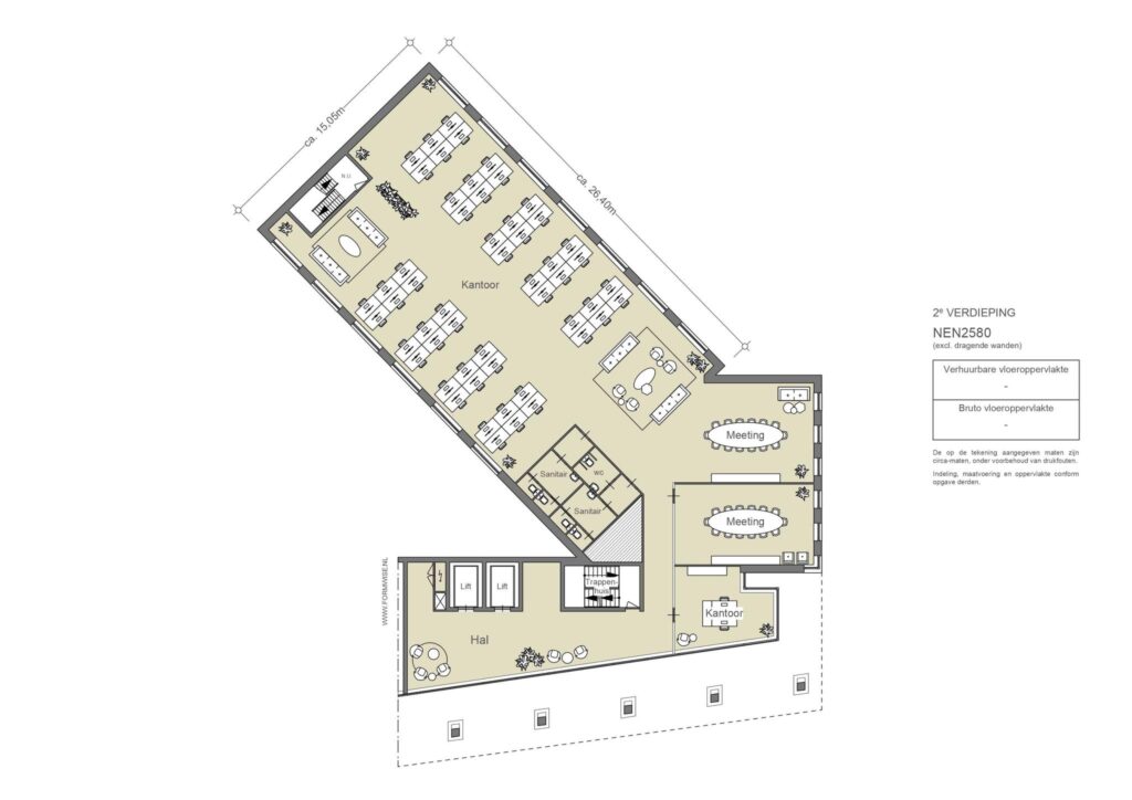 Plattegrond van de tweede verdieping van een kantoorpand aan de Johan Cruijff Boulevard met werkplekken, vergaderruimtes en sanitaire voorzieningen.